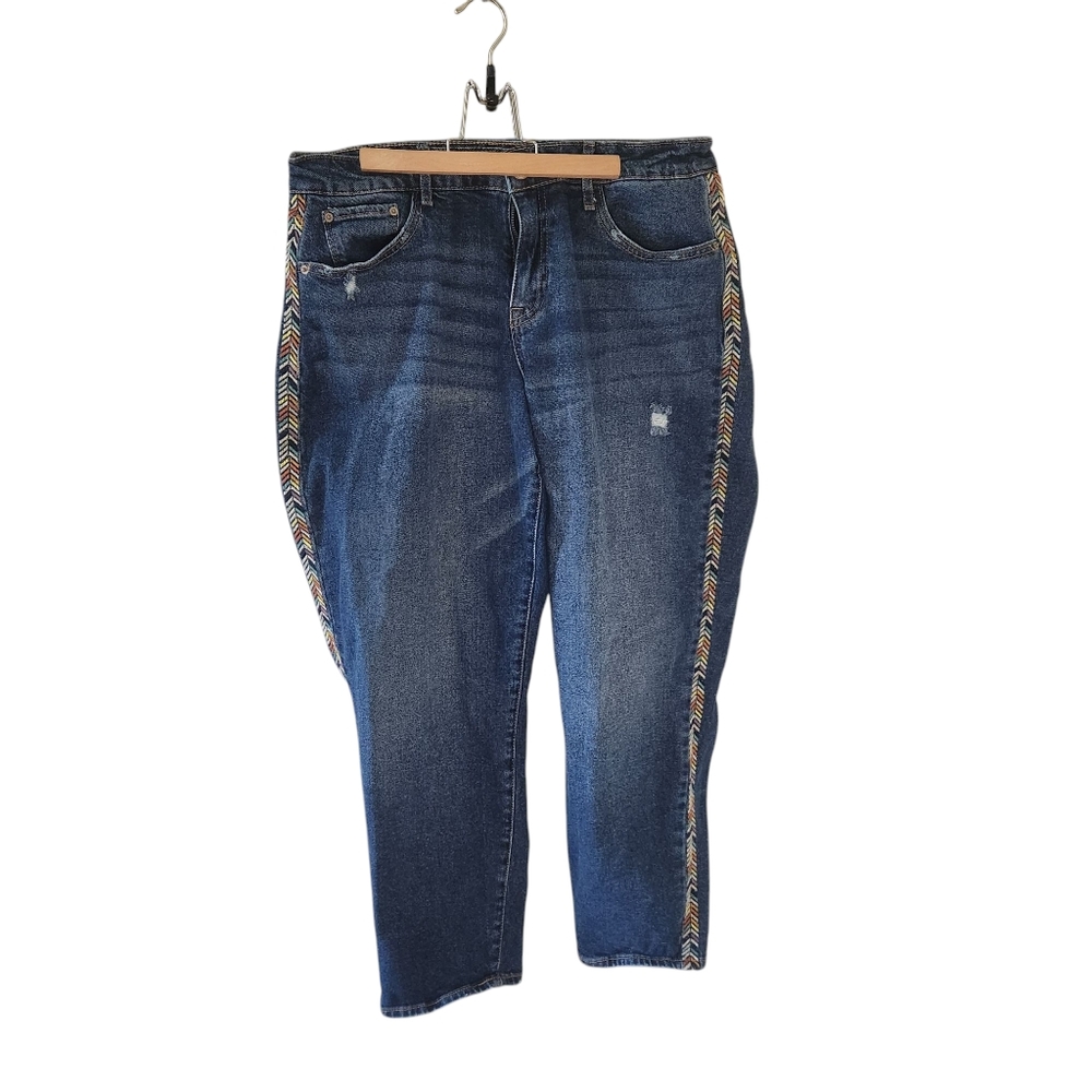 Knox Rose Women's Distressed Blue Jeans with Colorful Embtoidered Side Stripes.